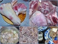 Photo collage cooking Holodec Jellied meat - gorgeous home appetizer under a glass of vodka. The finished meat is put in molds