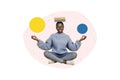 Photo collage creative banner sitting young woman meditating balancing book stack top head peace harmony self