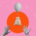 Photo collage creative painting of a balloon and a bag of money, hands reaching for the balloon Royalty Free Stock Photo