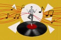 Photo collage creative picture young standing man meditate audio record vinyl party disco music listener concentrated