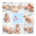 Photo collage Cute happy newborn baby with red lipstick kisses on the skin sitting on white background, Valentines day