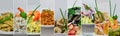 Photo of collage of fresh salads. Healthy food concept. Diet food. Greek, Caesar, shrimp, caprese salad. Royalty Free Stock Photo