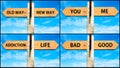 Photo collage of images with two opposite arrows over blue sky Royalty Free Stock Photo