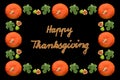 Isolated pumpkins, fig leaves and fruits arranged in a frame with handwriting `Happy Thanksgiving`