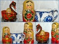 Photo collage Matryoshka Russian -folding doll made of wood, inside which there are dolls of smaller size. Royalty Free Stock Photo