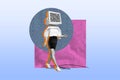 Photo collage picture banner headless business worker young lady brainwashed monitor screen hypnosis drawing background