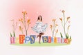 Photo collage picture of charming smiling lady walking celebrating birthday isolated creative background
