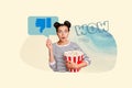 Photo collage picture young shocked excited girl stare popcorn snack meal movie watch cinema thumb down dislike wow