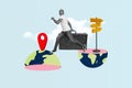 Photo collage poster young man go crossing half planet new location marker moving country abroad signpost direction