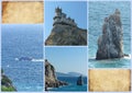 Photo collage rock Sail and Swallow`s nest - Gothic castle over the cliff of the sea, the emblem of the southern coast of Crimea. Royalty Free Stock Photo