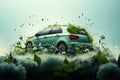 The photo collage shows the preservation of the environment by a car covered with vegetation.