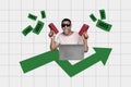 Photo collage sitting young swag man successful trade deal laptop pc progress arrow flying banknotes money dollars