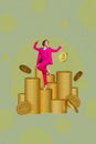 Photo collage sketch image of silhouette young attractive fashion lady dance on huge pile stack gold usd coins money Royalty Free Stock Photo