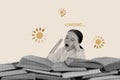 Photo collage sketch retro of tired small kid reading many books preparing test want sleep yawn isolated on retro white