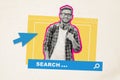 Photo collage standing young man smiling dating match website interface search browse mouse cursor arrow window app
