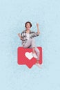 Photo collage successful young blogger girl fists up sitting red heart icon like new video repost on blue color