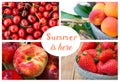 Photo collage, summer berries and fruits, strawberries, sweet cherries with water drops, ripe organic apricots, saturn peach and n