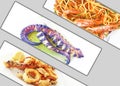 Photo collage with traditional mediterranean seafood - octopus - pasta with shrimps - squid Royalty Free Stock Photo