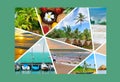 Photo collage with tropical beaches, palms and exotic fruits Royalty Free Stock Photo