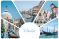 Photo collage from Venice - gondolas, canals, street lights with pink glass, Dodge Palace, set of travel pictures, Venice, Italy. Royalty Free Stock Photo