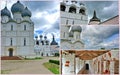 Photo collage Views of Assumption Cathedral of the Rostov Kremlin. Golden Ring of Russia, Rostov Veliky.