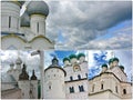 Photo collage Views of Assumption Cathedral of the Rostov Kremlin. Golden Ring of Russia, Rostov Veliky.