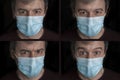 Photo collage of a white man making angry, happy, wary and surprised face while wearing a surgical mask
