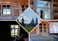 Photo collage-wooden architecture of Russia, village Nizhnyaya Sinyachikha, Ural. Window architraves.