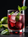 Photo Of Collins Glass Of Red Wine Cocktail Mixed With Ice Cube, Mint Leaves And Lime. Generative AI