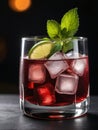 Photo Of Collins Glass Of Red Wine Cocktail Mixed With Ice Cube, Mint Leaves And Lime. Generative AI