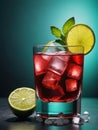 Photo Of Collins Glass Of Red Wine Cocktail Mixed With Ice Cube, Mint Leaves And Lime. Generative AI