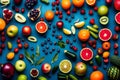 Photo of a colorful assortment of fruits and vegetables on a vibrant blue background Generated Ai