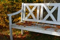 Beech foliage on an old white wooden bench Royalty Free Stock Photo