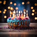 Photo Colorful birthday cake with burning candles, lit against blurred lights