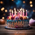 Photo Colorful birthday cake with burning candles, lit against blurred lights