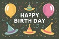 Photo Colorful birthday greeting card featuring balloons, hats, and confetti, vector