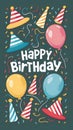 Photo Colorful birthday greeting card featuring balloons, hats, and confetti, vector