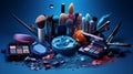Photo of a colorful collection of makeup and eye shadows on a vibrant blue background created with Generative AI technology