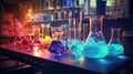 Photo of a colorful display of glass flasks filled with various colored liquids Royalty Free Stock Photo