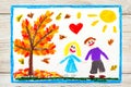 Colorful drawing: Autumn love, couple is holding hands