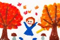 Drawing: Autumn trees with yellow and red leaves and happy little girl.