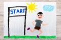 drawing: boy starting the run. Inscription START and smiling, running boy