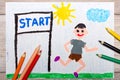 Photo of colorful drawing: boy starting the run. Royalty Free Stock Photo