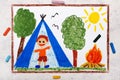 Colorful drawing: Camping in forest, smiling boy in tent, campfire Royalty Free Stock Photo