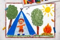 Drawing: Camping in forest, smiling boy in tent, campfire.