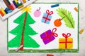 colorful drawing: Christmas tree and gifts Royalty Free Stock Photo