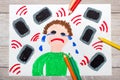 colorful drawing: Crying boy surrounded by phones or tablets.