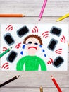 Drawing: Crying boy surrounded by phones or tablets. Royalty Free Stock Photo