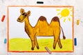 Drawing: Cute smiling camel with two humps on back.