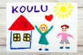 drawing: Finnish word SCHOOL, school building and happy children. First day at school. Royalty Free Stock Photo